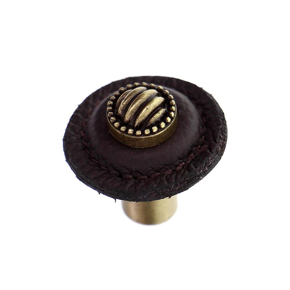 Vicenza Hardware 1 1/4" Round Lines and Dots Knob with Leather Insert in Antique Brass with Brown Leather Insert