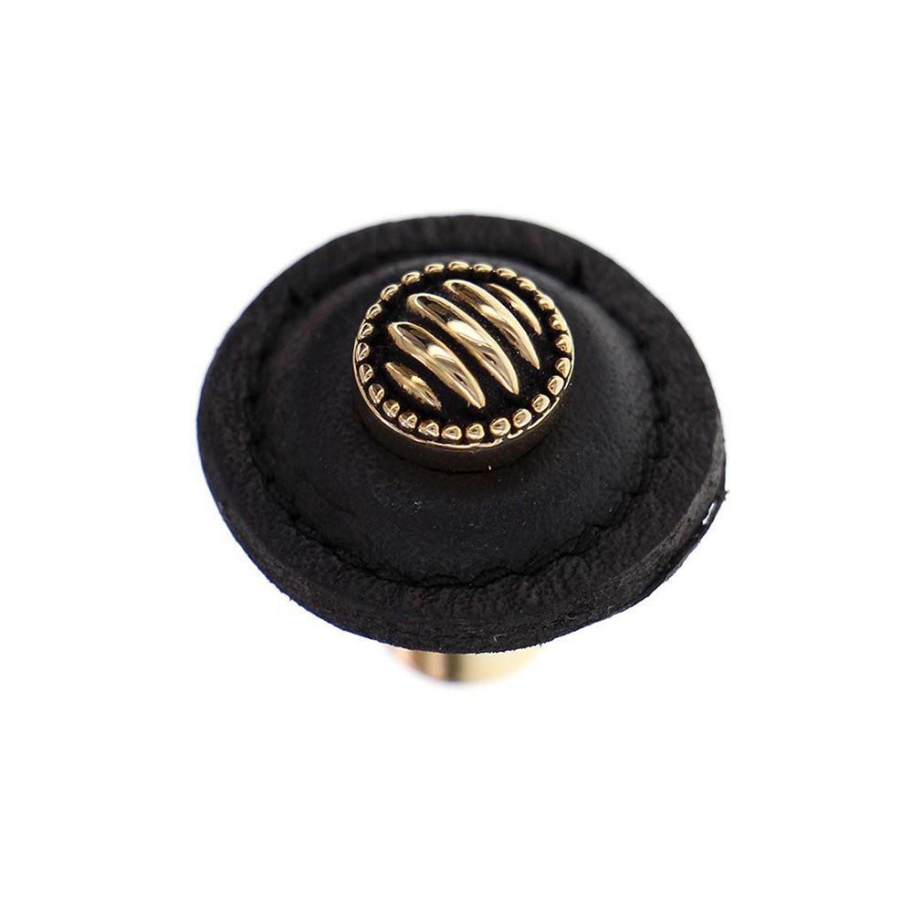 Vicenza Hardware 1 1/4" Round Lines and Dots Knob with Leather Insert in Antique Gold with Black Leather Insert