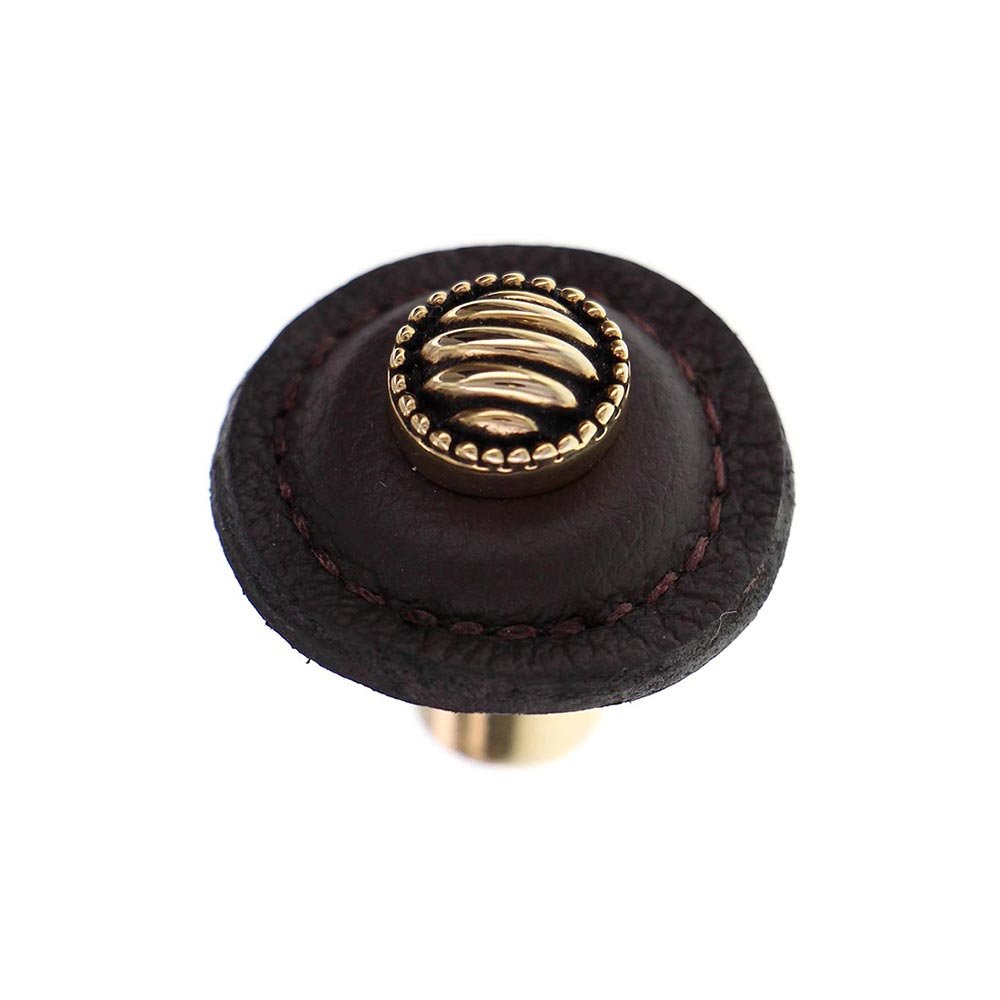 Vicenza Hardware 1 1/4" Round Lines and Dots Knob with Leather Insert in Antique Gold with Brown Leather Insert