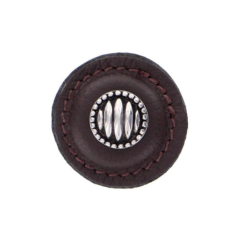 Vicenza Hardware 1 1/4" Round Lines and Dots Knob with Leather Insert in Antique Silver with Brown Leather Insert