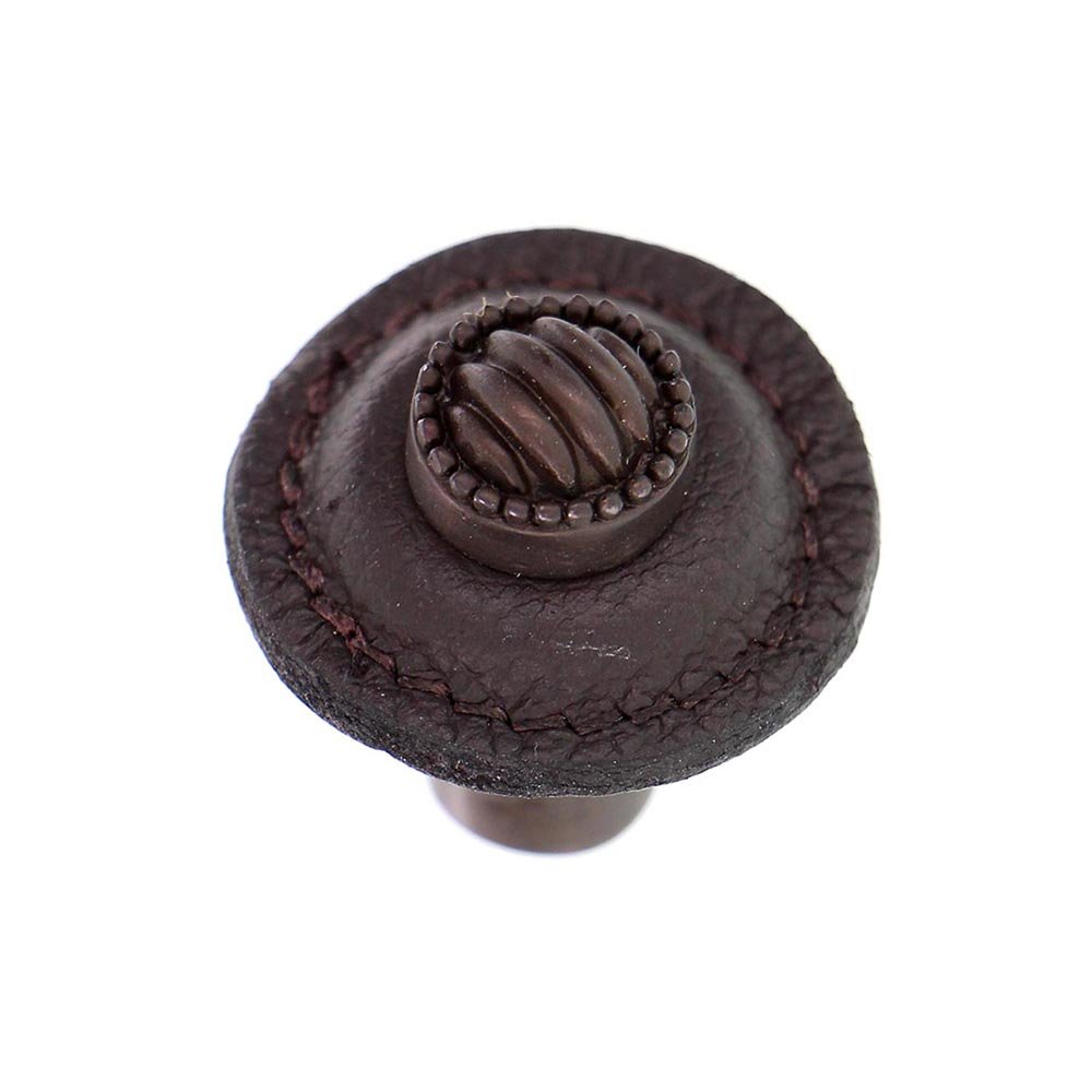 Vicenza Hardware 1 1/4" Round Lines and Dots Knob with Leather Insert in Oil Rubbed Bronze with Brown Leather Insert