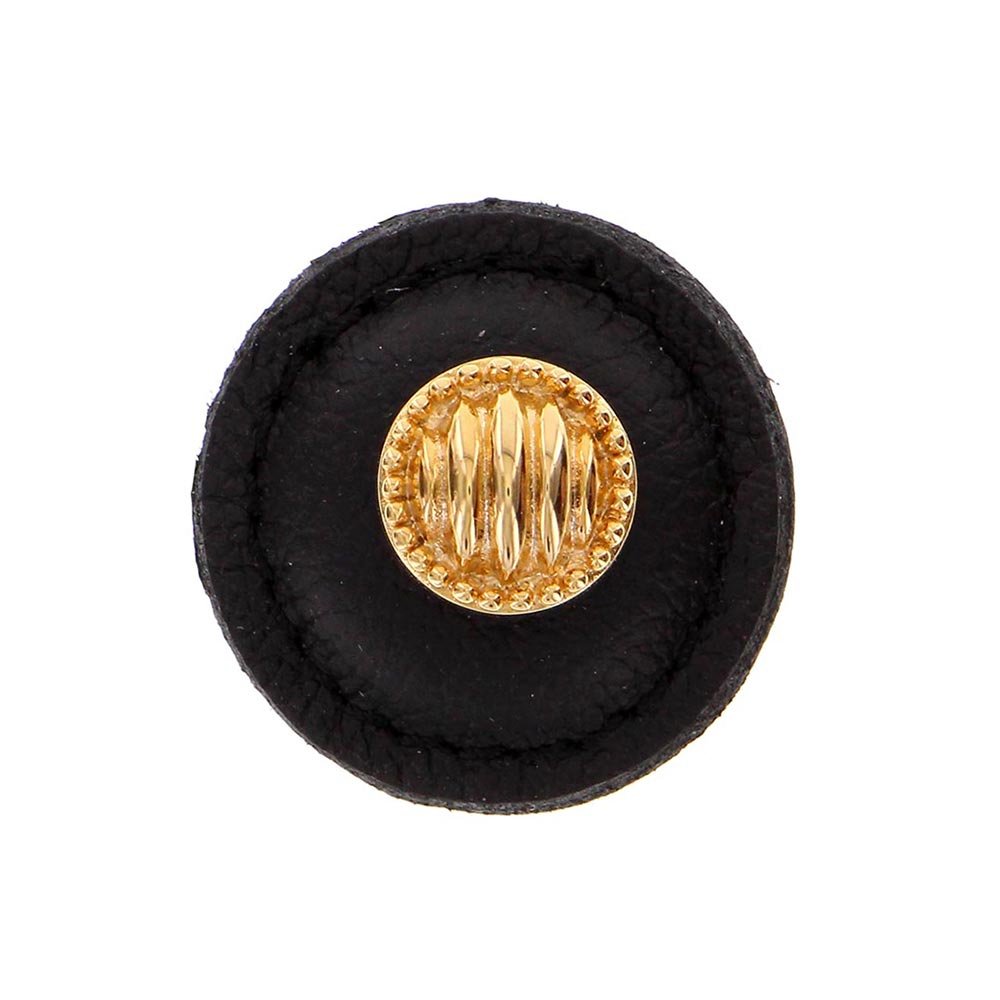 Vicenza Hardware 1 1/4" Round Lines and Dots Knob with Leather Insert in Polished Gold with Black Leather Insert