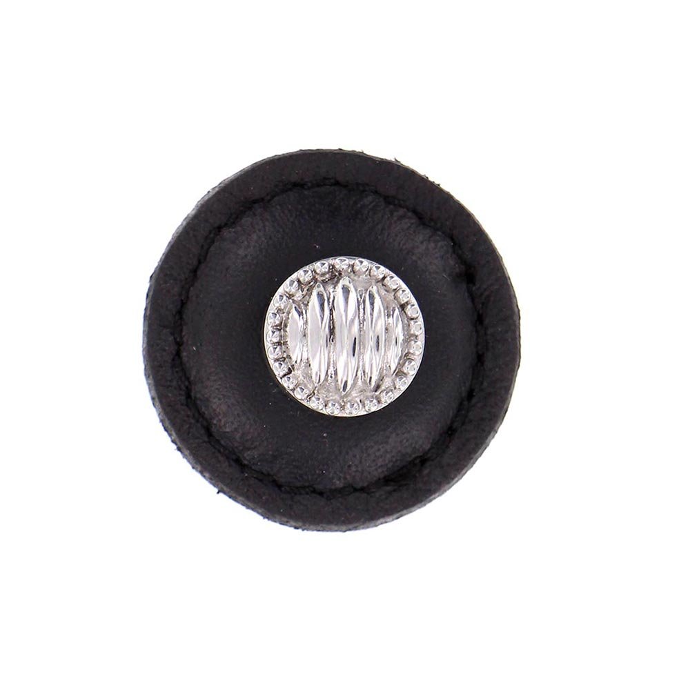 Vicenza Hardware 1 1/4" Round Lines and Dots Knob with Leather Insert in Polished Silver with Black Leather Insert