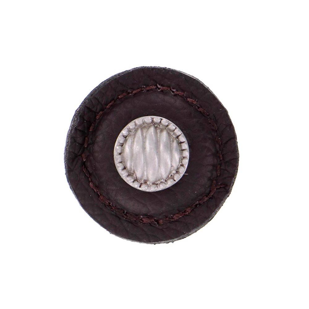 Vicenza Hardware 1 1/4" Round Lines and Dots Knob with Leather Insert in Satin Nickel with Brown Leather Insert