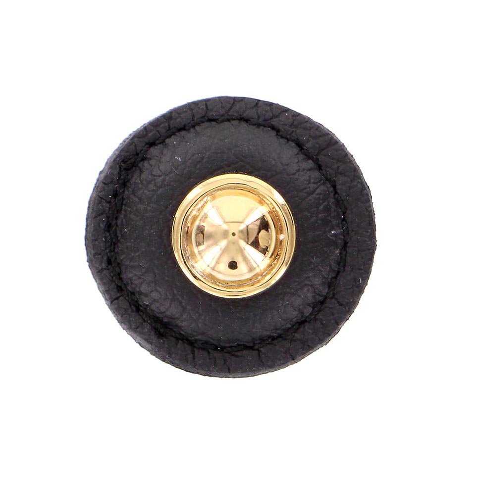 Vicenza Hardware 1 1/4" Round Knob with Leather Insert in Polished Gold with Black Leather Insert