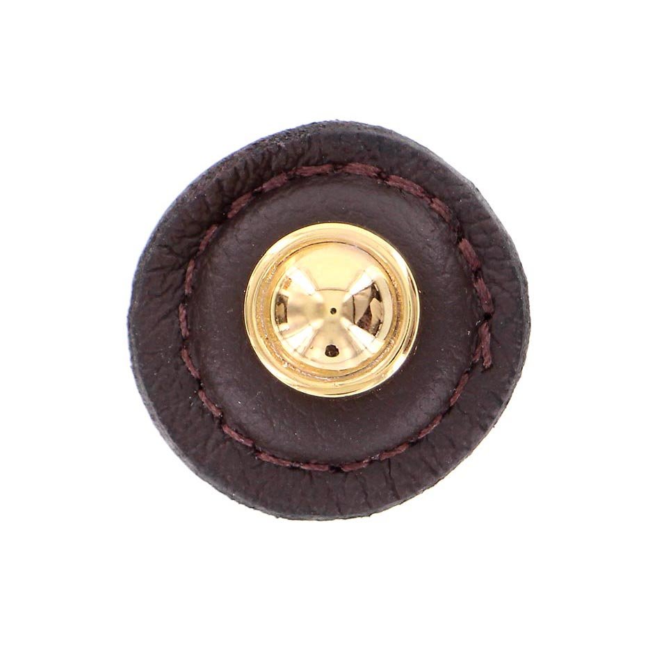 Vicenza Hardware 1 1/4" Round Knob with Leather Insert in Polished Gold with Brown Leather Insert