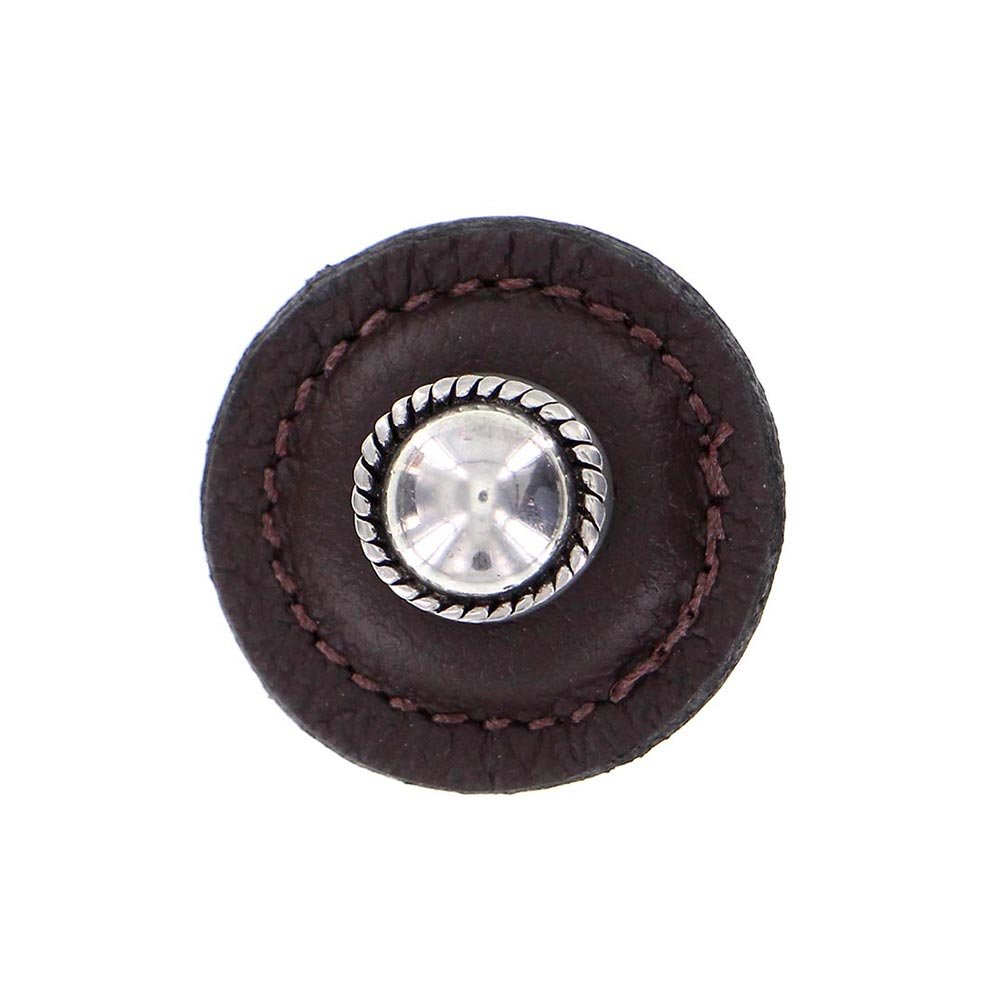 Vicenza Hardware 1 1/4" Round Knob with Leather Insert in Antique Silver with Brown Leather Insert