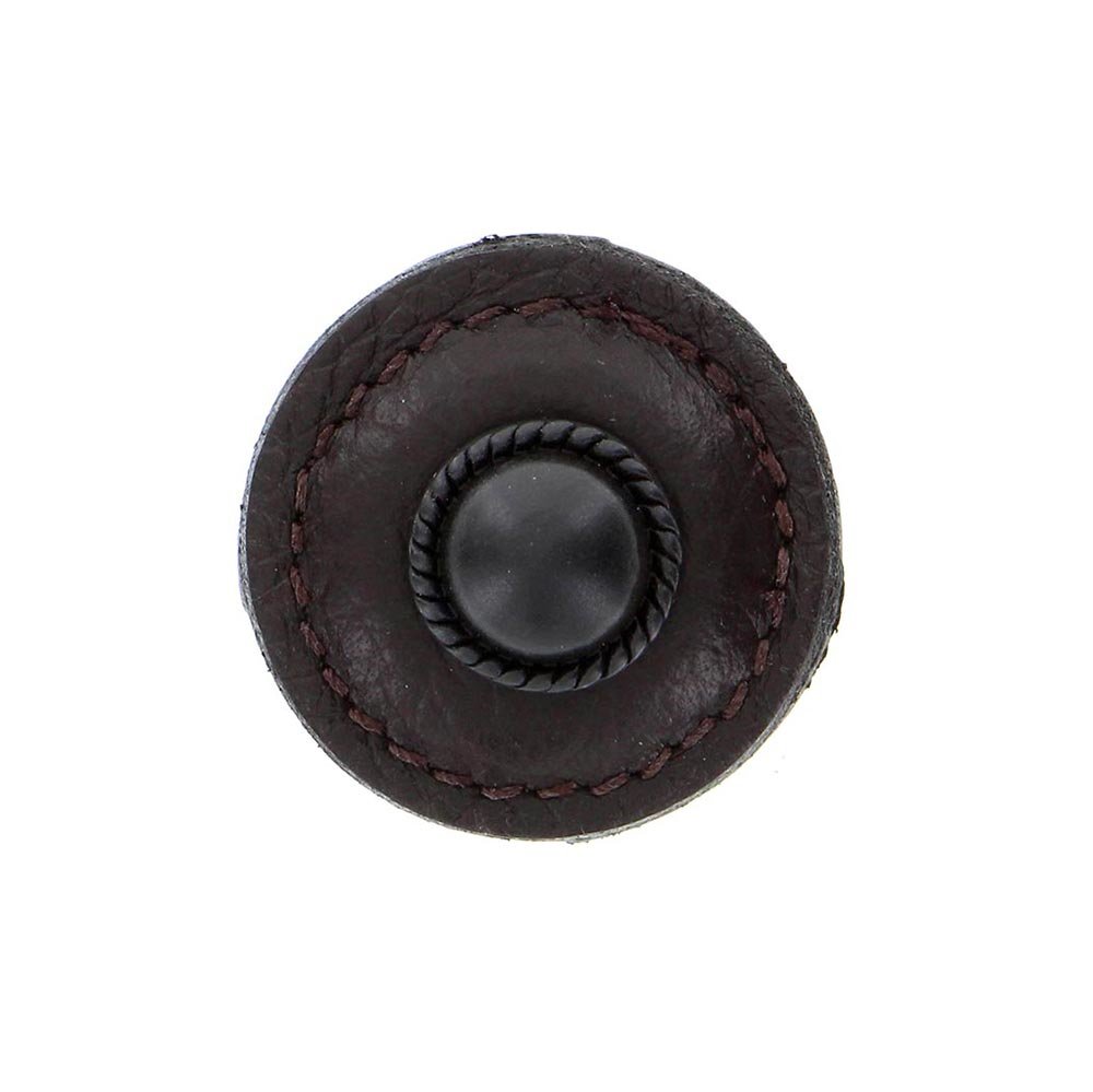 Vicenza Hardware 1 1/4" Round Knob with Leather Insert in Oil Rubbed Bronze with Brown Leather Insert