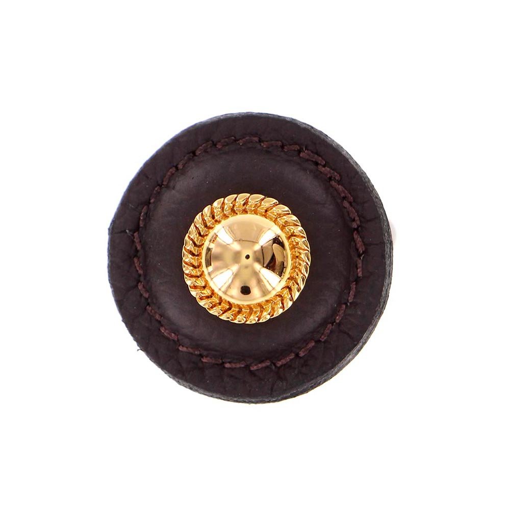 Vicenza Hardware 1 1/4" Round Knob with Leather Insert in Polished Gold with Brown Leather Insert