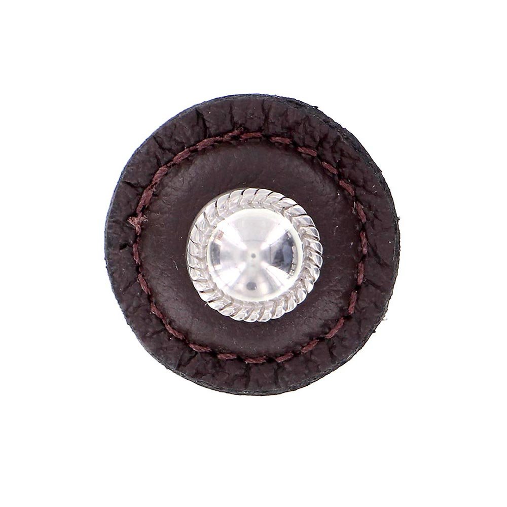 Vicenza Hardware 1 1/4" Round Knob with Leather Insert in Polished Nickel with Brown Leather Insert