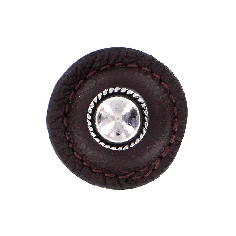 Vicenza Hardware 1 1/4" Round Knob with Leather Insert in Vintage Pewter with Brown Leather Insert