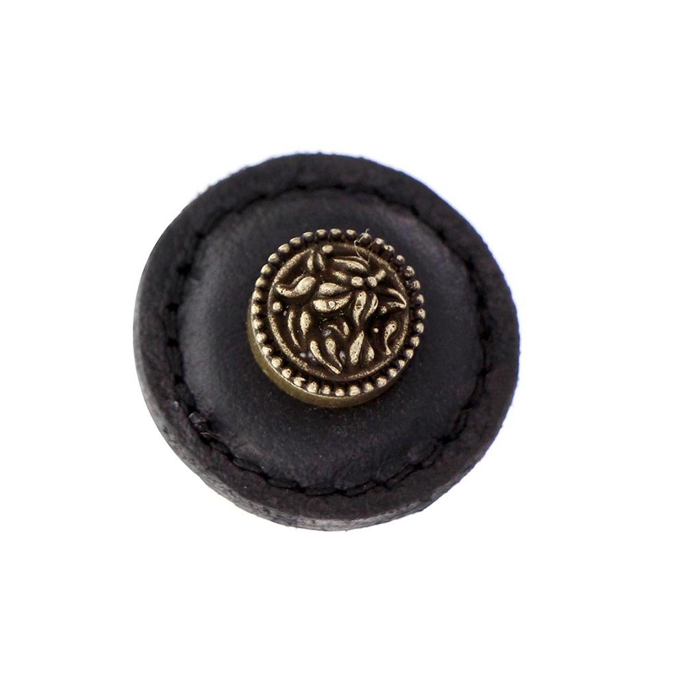 Vicenza Hardware 1 1/4" Round Knob with Leather Insert in Antique Brass with Black Leather Insert