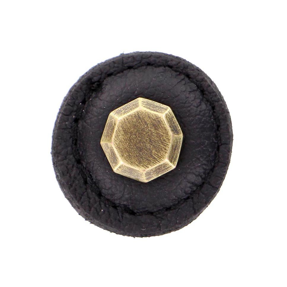 Vicenza Hardware 1 1/4" Round Knob with Leather Insert in Antique Brass with Black Leather Insert