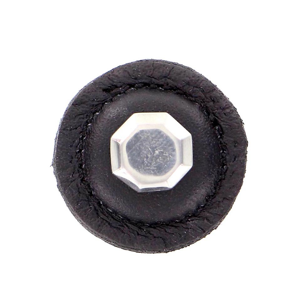 Vicenza Hardware 1 1/4" Round Knob with Leather Insert in Polished Nickel with Black Leather Insert