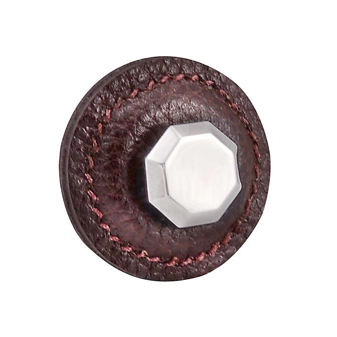 Vicenza Hardware 1 1/4" Round Knob with Leather Insert in Polished Nickel with Brown Leather Insert