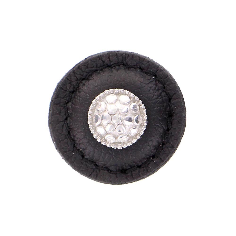 Vicenza Hardware 1 1/4" Round Knob with Leather Insert in Polished Silver with Black Leather Insert