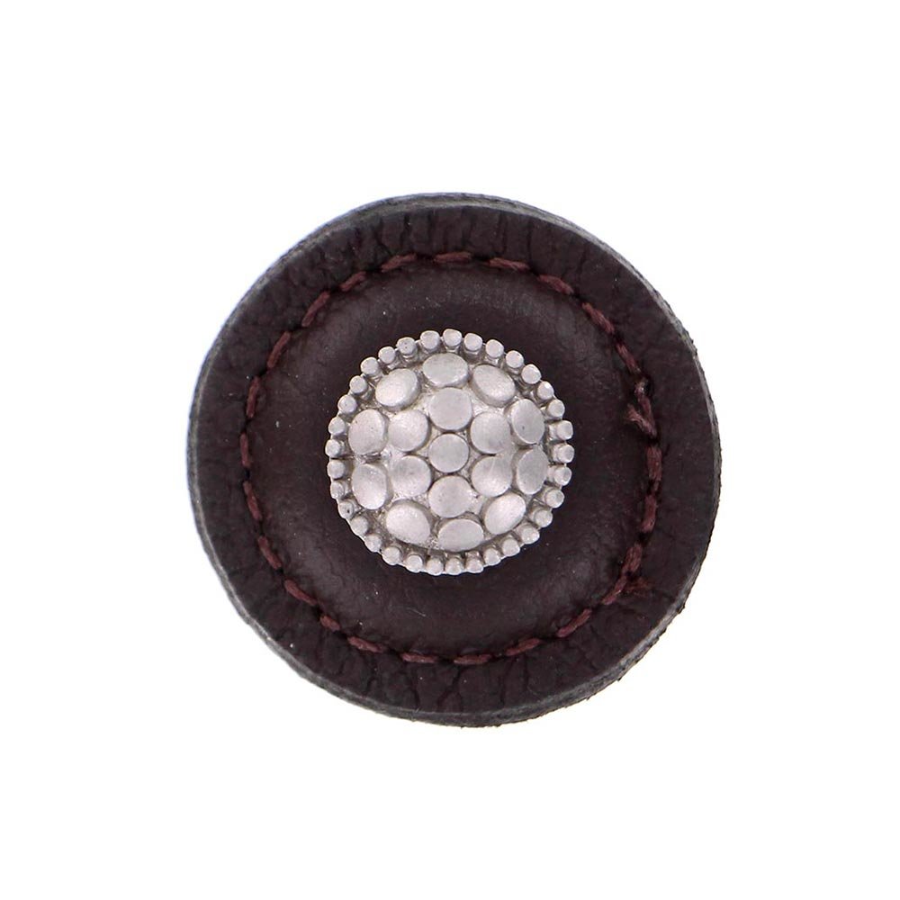 Vicenza Hardware 1 1/4" Round Knob with Leather Insert in Satin Nickel with Brown Leather Insert