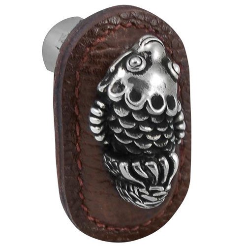 Vicenza Hardware Leather Collection Pesci Knob in Brown Leather in Antique Silver