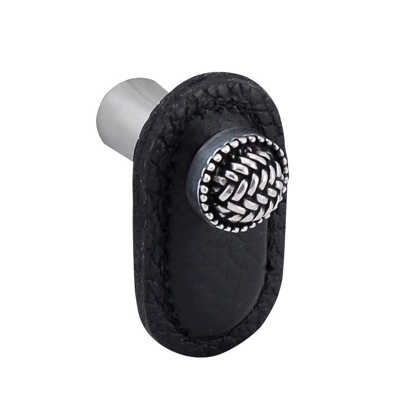 Vicenza Hardware Leather Collection Cestino Knob in Black Leather in Antique Silver