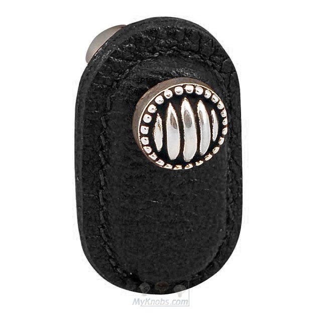 Vicenza Hardware Leather Collection Sanzio Knob in Black Leather in Antique Silver