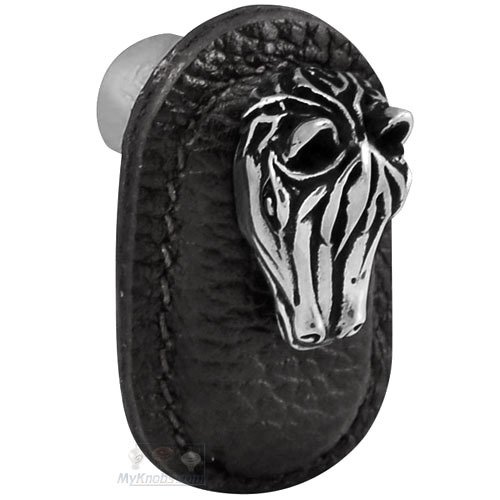 Vicenza Hardware Leather Collection Cavallo Knob in Black Leather in Antique Silver