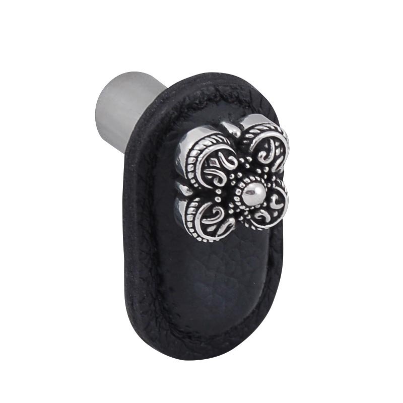 Vicenza Hardware Leather Collection Napoli Knob in Black Leather in Antique Silver