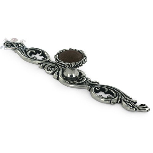 Vicenza Hardware Viola with Brown Pebble Leather Insert Knob with Decorative Backplate in Antique Silver