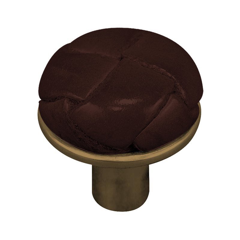 Vicenza Hardware 1 1/8" Button Knob with Leather Insert in Antique Brass with Brown Leather Insert