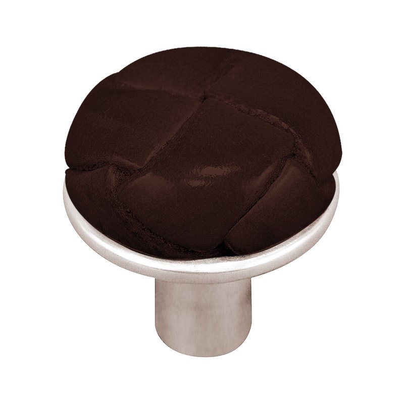 Vicenza Hardware 1 1/8" Button Knob with Leather Insert in Polished Nickel with Brown Leather Insert