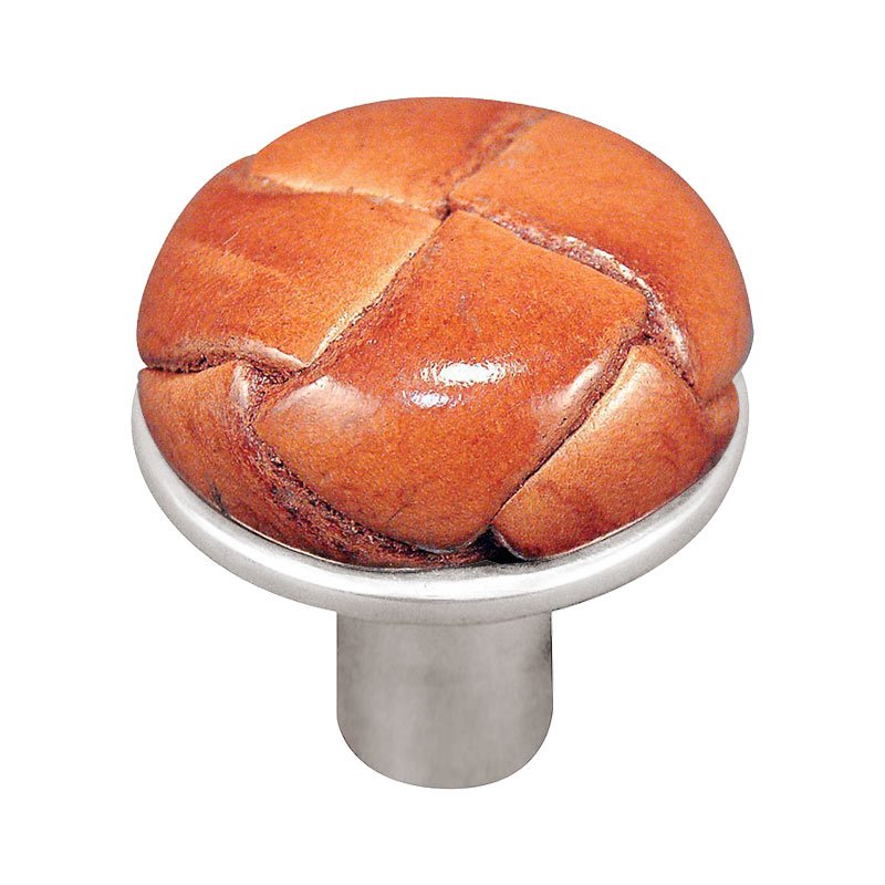 Vicenza Hardware 1 1/8" Button Knob with Leather Insert in Polished Silver with Saddle Leather Insert