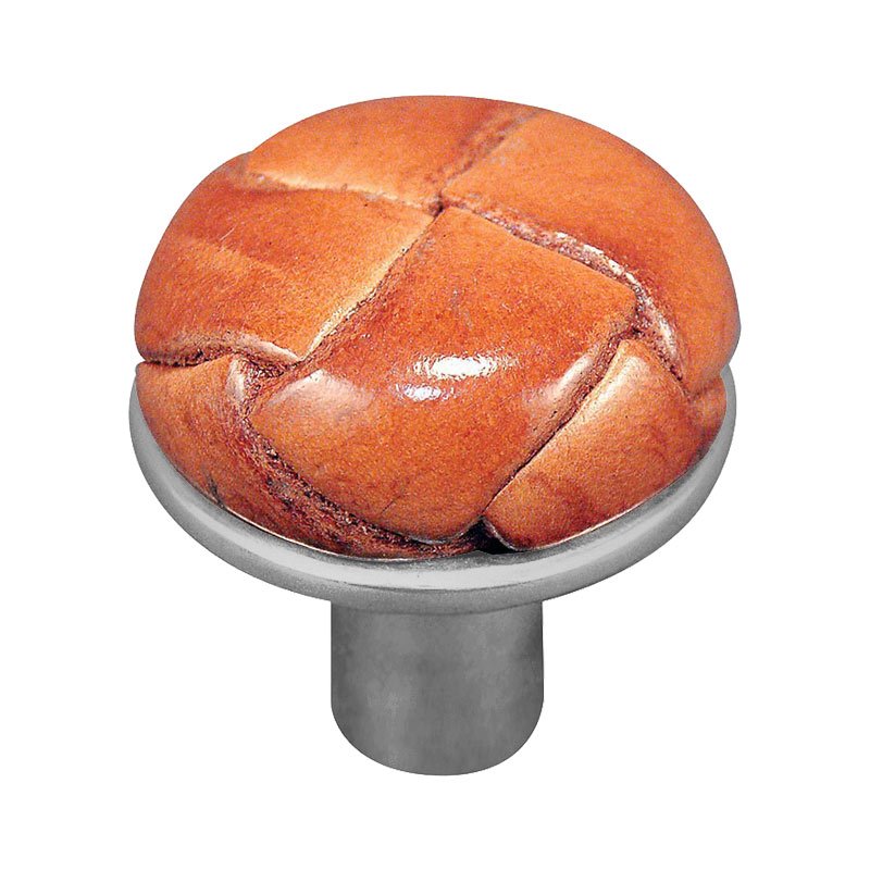 Vicenza Hardware 1 1/8" Button Knob with Leather Insert in Satin Nickel with Saddle Leather Insert