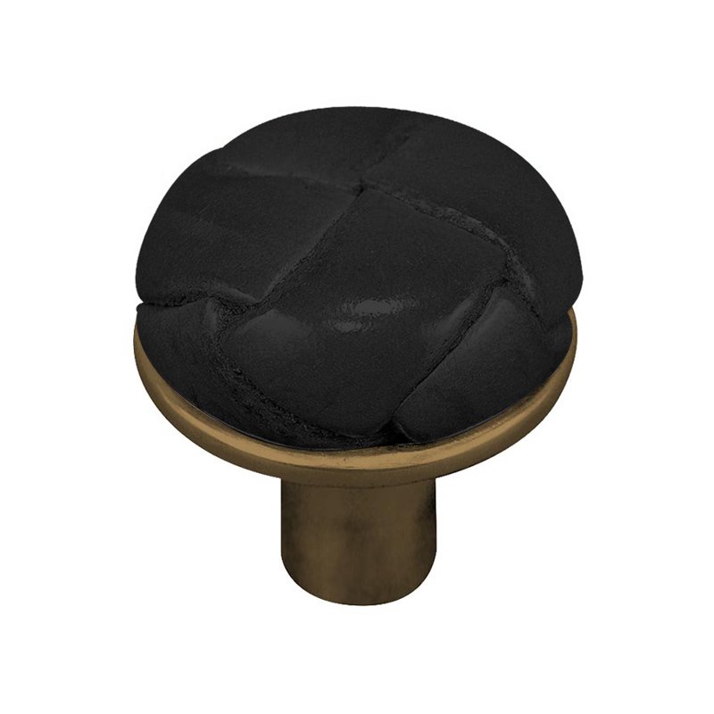 Vicenza Hardware 1" Button Knob with Leather Insert in Antique Brass with Black Leather Insert