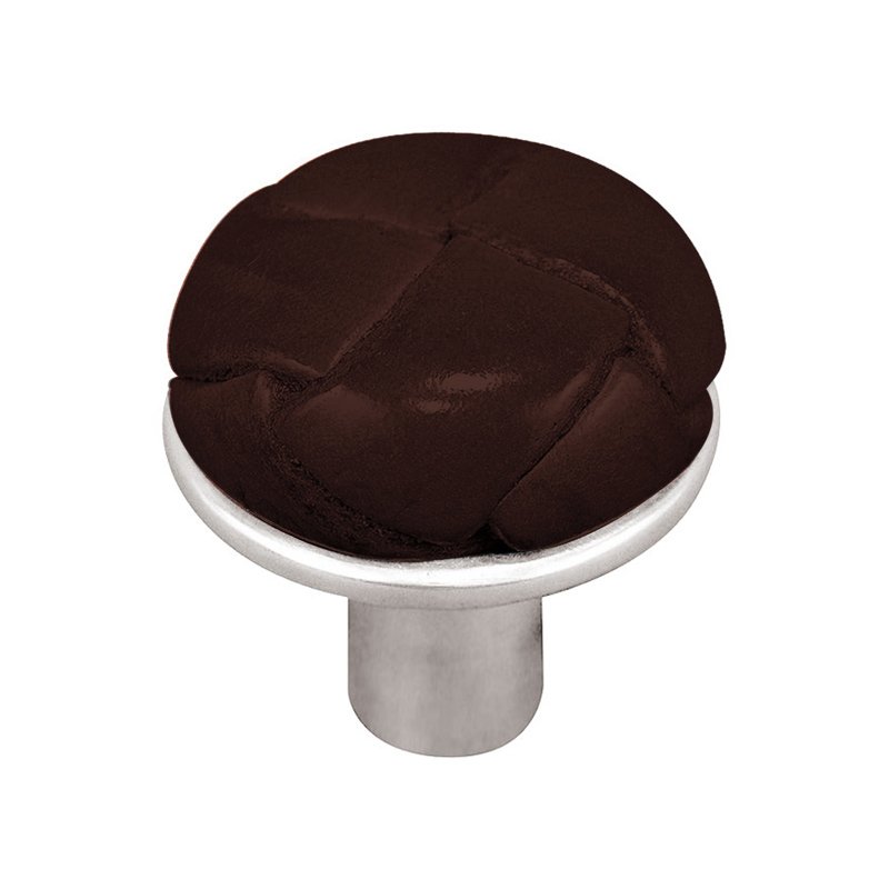 Vicenza Hardware 1" Button Knob with Leather Insert in Polished Silver with Brown Leather Insert