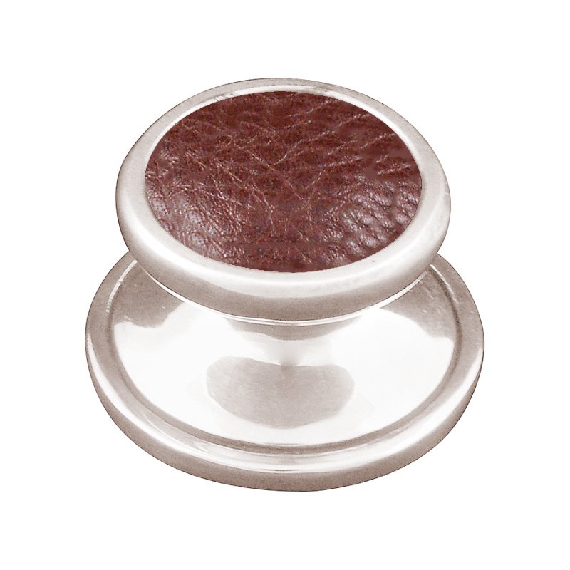 Vicenza Hardware 1 1/4" Knob with Insert in Polished Nickel with Brown Leather Insert