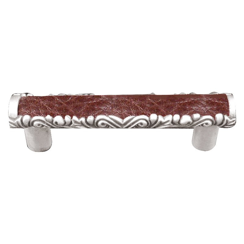 Vicenza Hardware 3" Centers Pull with Insert in Polished Silver with Brown Leather Insert