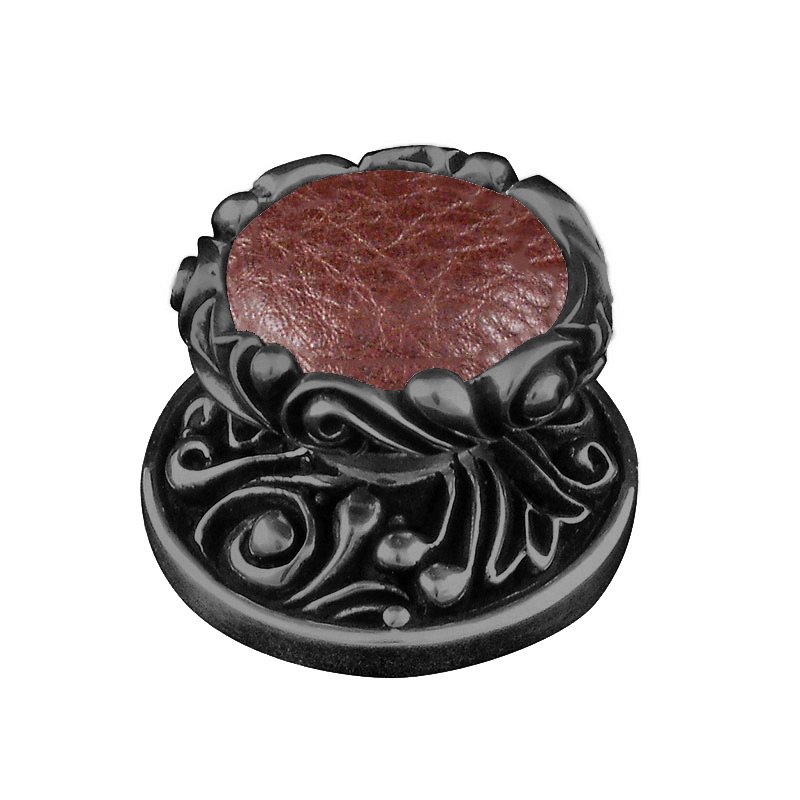 Vicenza Hardware 1 1/4" Knob with Insert in Gunmetal with Brown Leather Insert