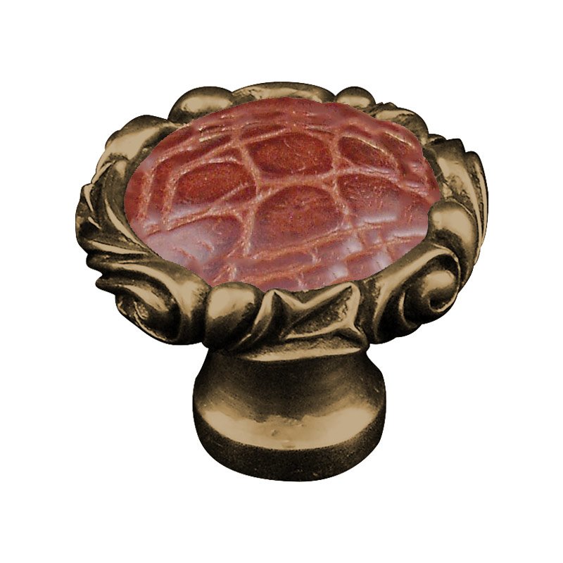 Vicenza Hardware 1 1/4" Knob with Small Base and Insert in Antique Brass with Pebble Leather Insert