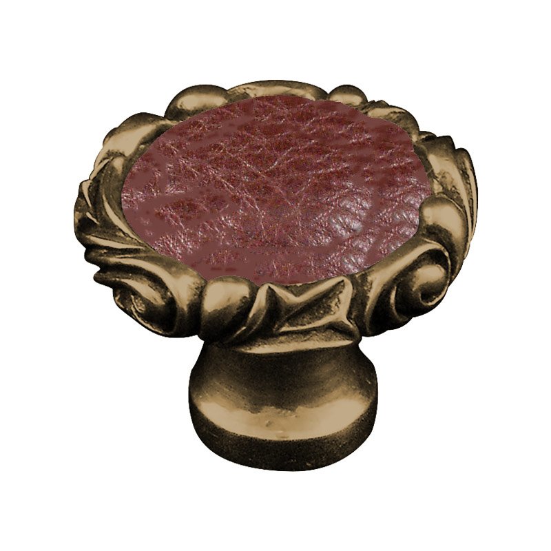 Vicenza Hardware 1 1/4" Knob with Small Base and Insert in Antique Brass with Brown Leather Insert