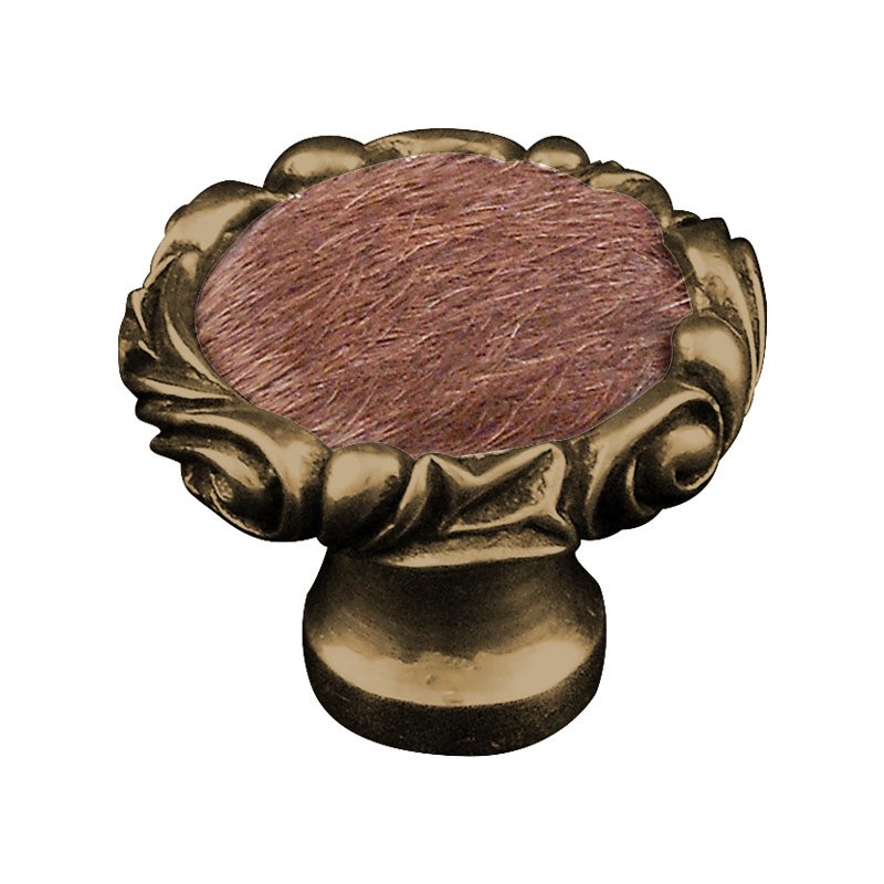 Vicenza Hardware 1 1/4" Knob with Small Base and Insert in Antique Brass with Brown Fur Insert