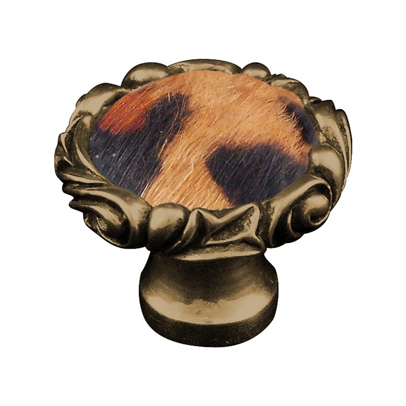 Vicenza Hardware 1 1/4" Knob with Small Base and Insert in Antique Brass with Jaguar Fur Insert