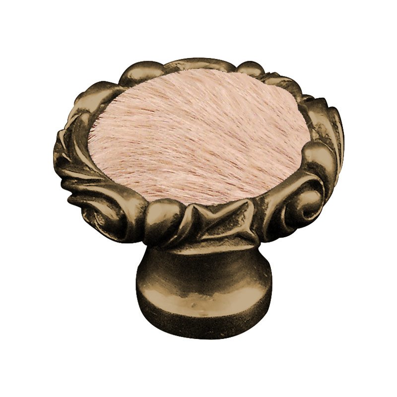 Vicenza Hardware 1 1/4" Knob with Small Base and Insert in Antique Brass with Tan Fur Insert