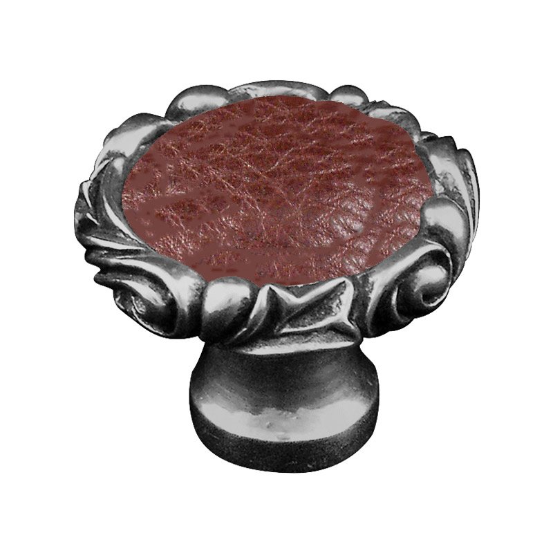 Vicenza Hardware 1 1/4" Knob with Small Base and Insert in Antique Nickel with Brown Leather Insert