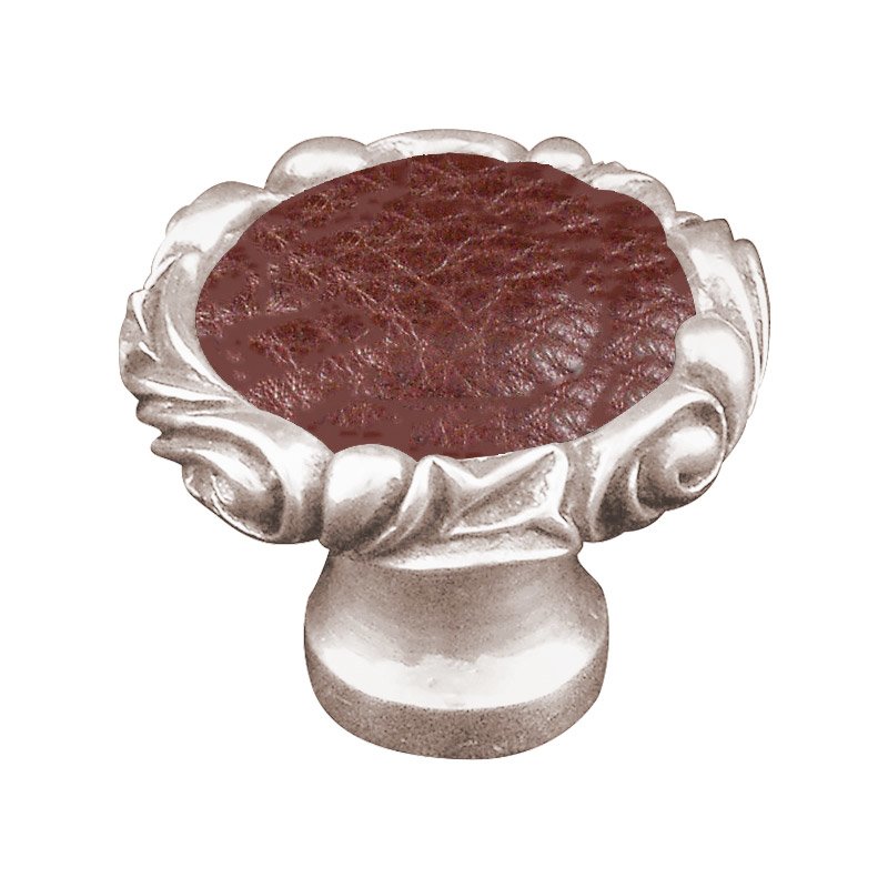 Vicenza Hardware 1 1/4" Knob with Small Base and Insert in Polished Nickel with Brown Leather Insert