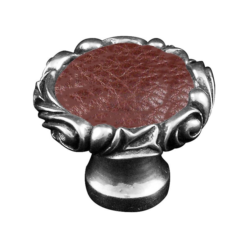 Vicenza Hardware 1 1/4" Knob with Small Base and Insert in Vintage Pewter with Brown Leather Insert