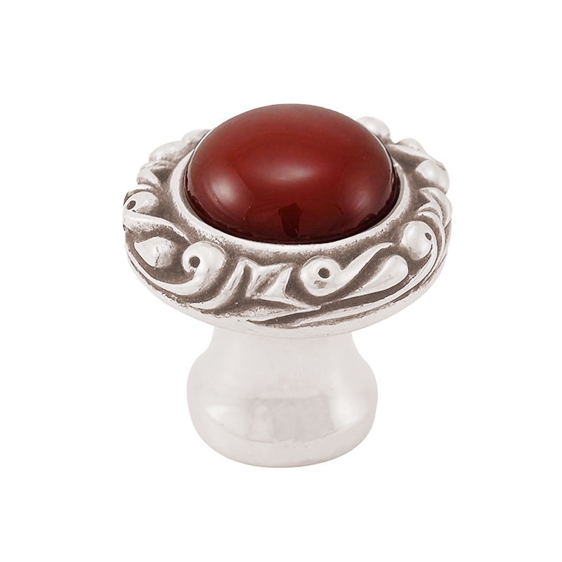 Vicenza Hardware 1" Round Knob with Small Base with Stone Insert in Polished Nickel with Carnelian Insert