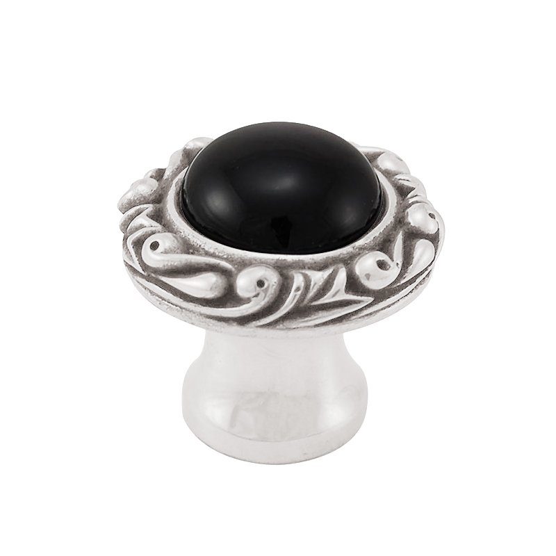 Vicenza Hardware 1" Round Knob with Small Base with Stone Insert in Polished Silver with Black Onyx Insert