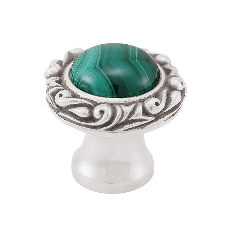 Vicenza Hardware 1" Round Knob with Small Base with Stone Insert in Polished Silver with Malachite Insert