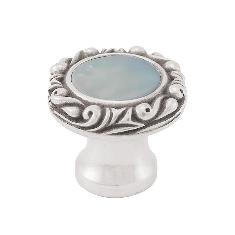 Vicenza Hardware 1" Round Knob with Small Base with Stone Insert in Polished Silver with Mother Of Pearl Insert