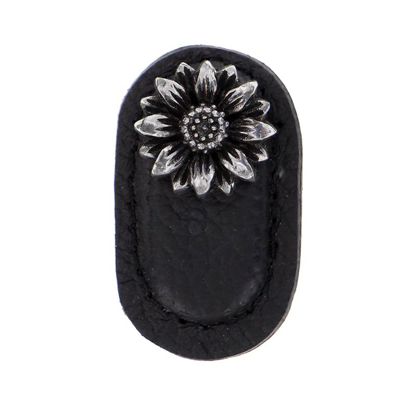 Vicenza Hardware Leather Collection Margherita Knob in Black Leather in Antique Nickel