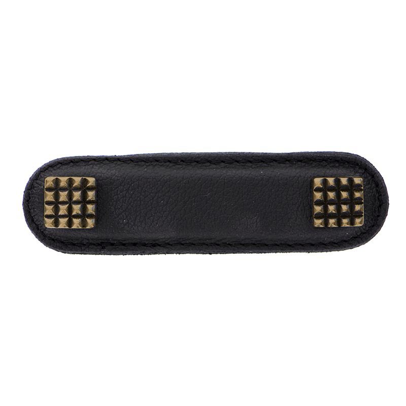 Vicenza Hardware Leather Collection 3" (76mm) Solferino Pull in Black Leather in Antique Brass